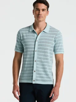 Button-Front Striped Polo Sweater