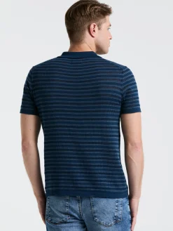 Button-Front Striped Polo Sweater