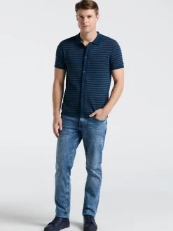 Button-Front Striped Polo Sweater