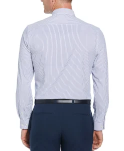 CLEARANCE Slim Fit Knit Navy and White Thin Stripe Dress Shirt