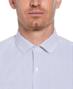 CLEARANCE Slim Fit Knit Navy and White Thin Stripe Dress Shirt