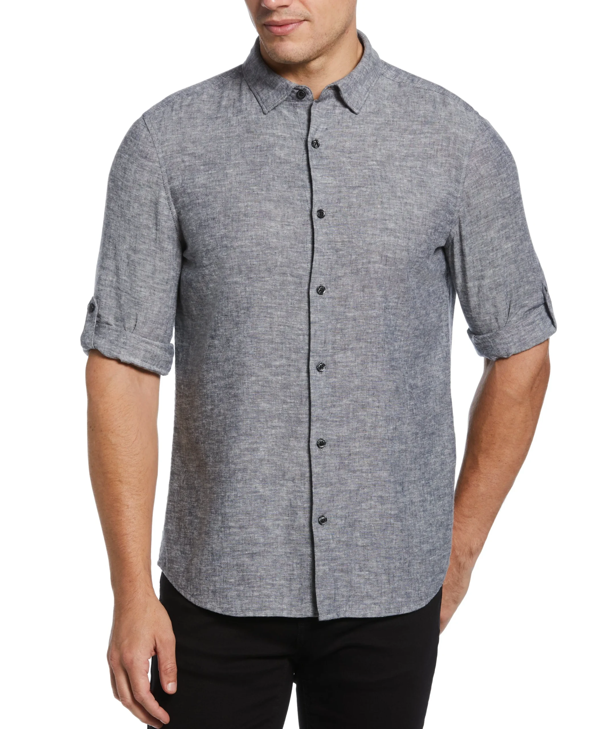 CLEARANCE Untucked Slim Fit Linen Blend Rolled Sleeve Shirt - Navy Blue
