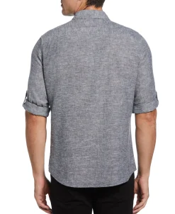 CLEARANCE Untucked Slim Fit Linen Blend Rolled Sleeve Shirt - Navy Blue