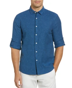 CLEARANCE Untucked Slim Fit Linen Blend Rolled Sleeve Shirt - Blue