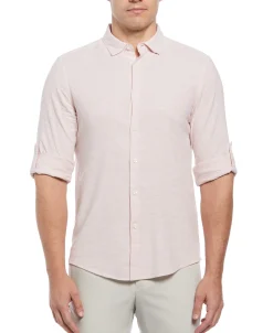 CLEARANCE Untucked Slim Fit Linen Blend Rolled Sleeve Shirt - Pink