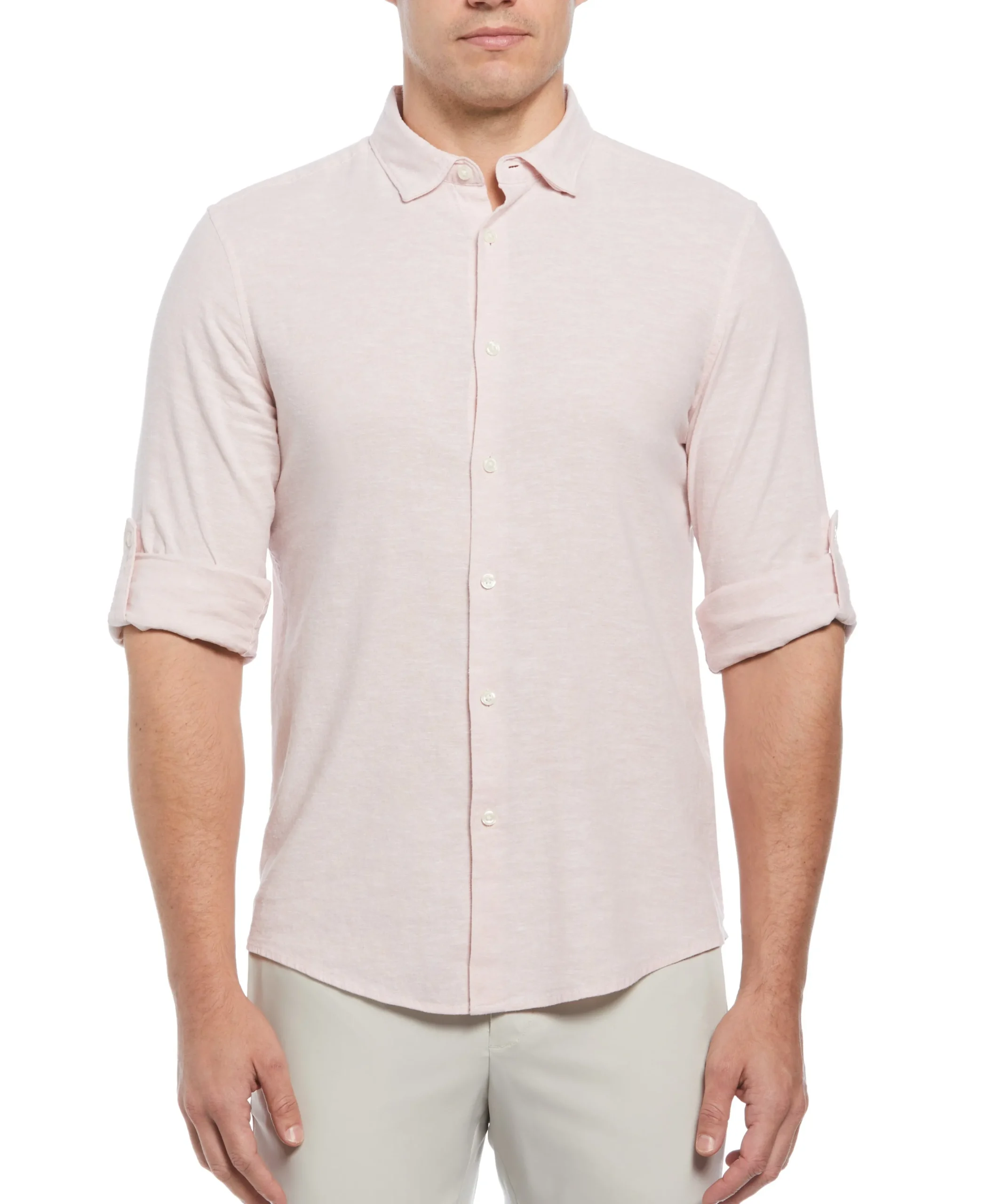 CLEARANCE Untucked Slim Fit Linen Blend Rolled Sleeve Shirt - Pink