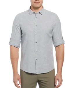 CLEARANCE Untucked Slim Fit Linen Blend Rolled Sleeve Shirt - Gray
