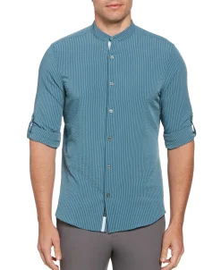 CLEARANCE Untucked Total Stretch Slim Fit Seersucker Shirt - Blue