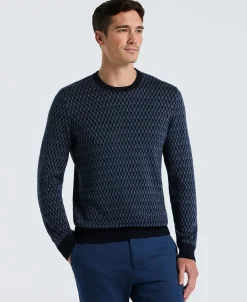 NEW! Cotton Blend Geo Jacquard Crew Neck Sweater