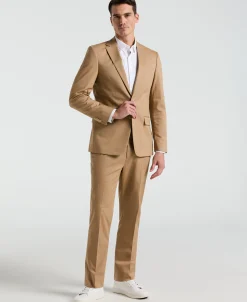 Slim Fit Tan Solid Cotton Blend Suit