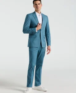 Slim Fit Teal Solid Cotton Blend Suit